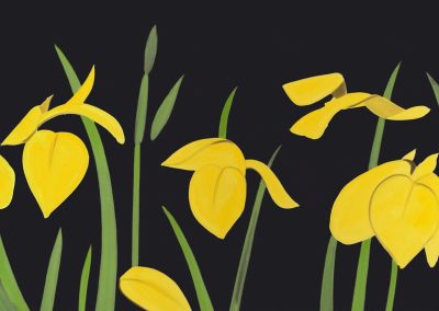 A seamless pattern inspired by Alex Katz, featuring stylized yellow flowers and green stems on a black background, depicting a playful and artistic floral arrangement.
