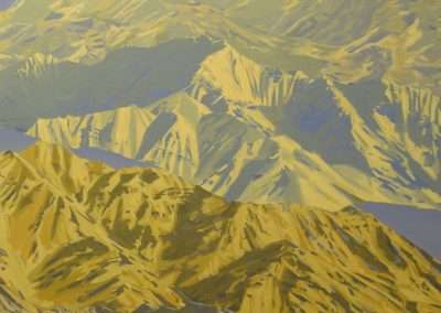 A stylized painting of mountain ranges with sharp contours, depicted in shades of yellow and gold against a soft gray background. the artwork captures the rugged texture and majestic form of the mountains.
