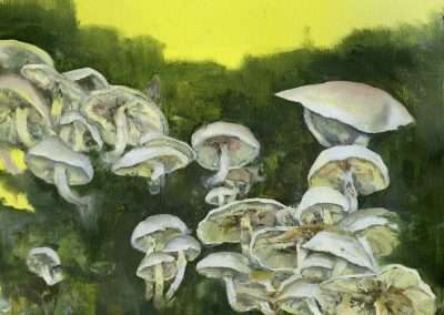 A painting of a cluster of white mushrooms with detailed caps and stems, set against a vivid yellow and green background. the texture of the mushrooms is finely depicted, with soft shadowing.