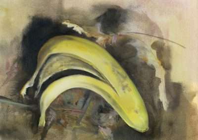 Abstract painting of a banana with a fluid, blurred background in shades of black, brown, and pink, giving the image a dream-like appearance.