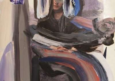 Abstract painting of a person obscured by dynamic, thick brushstrokes in muted and vibrant colors, with subtle architectural forms in the background.