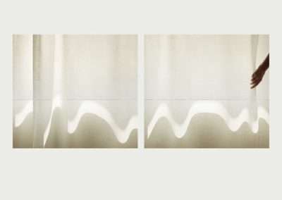 A diptych of two images showing sheer curtains with a wavy shadow pattern. the right image includes a hand partially pulling back the curtain.