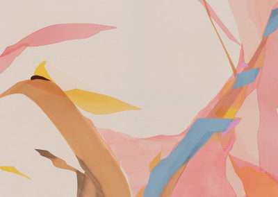 Abstract artwork featuring soft pink brushstrokes and delicate lines forming a composition that suggests the movement of leaves and branches in a stylized, pastel-colored environment.