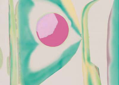 Abstract art piece featuring flowing shapes in pastel green with a central pink and purple circle resembling an eye. the soft curves and colors create a calming, surreal effect.