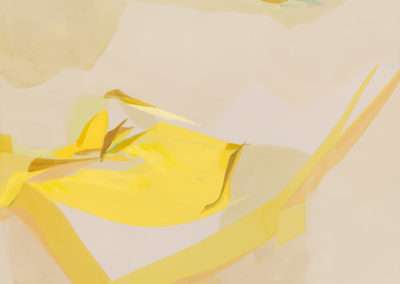 Abstract painting featuring soft, pastel yellow and beige tones with angled and curved shapes overlapping each other, creating a dynamic composition.