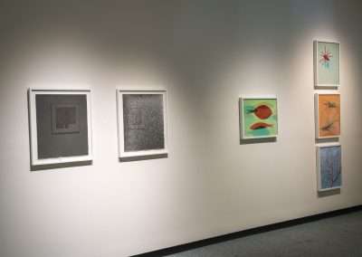 Art gallery wall featuring six framed camera-less artworks of various abstract designs, illuminated by ceiling lights in a clean, well-lit space.