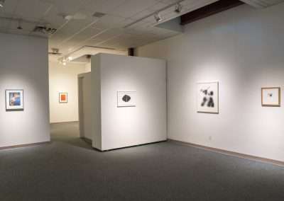 An art gallery interior featuring white walls with various framed artworks, including camera-less art and abstract pieces, under soft lighting.