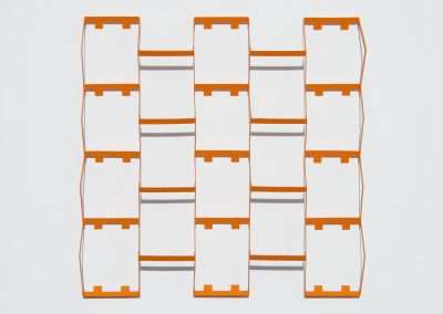 Graphic illustration of a repeated pattern of white blocks interconnected by orange lines on a plain white background. the pattern is geometric and symmetrical.