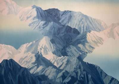 A serene painting of mountain ranges with varying shades of blue and gray under a soft, light blue sky. the peaks and folds of the mountains are highlighted, suggesting depth and texture.