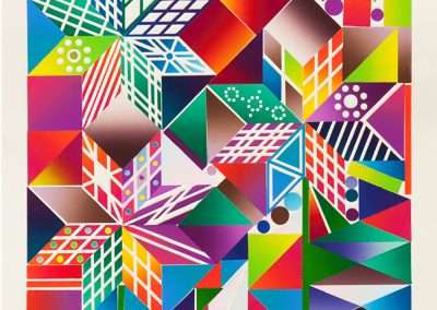 Abstract geometric art featuring multiple vibrant, overlapping blocks and patterns with varied shapes and colors, creating a dynamic and visually complex composition.