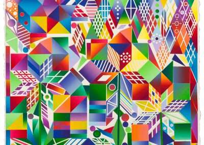 A colorful geometric abstract painting featuring a variety of shapes like cubes and triangles in a vivid spectrum of colors, with patterns of dots and lines adding detail.