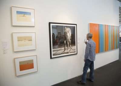 A man in a plaid shirt views various artworks on a gallery wall, including a large framed photograph of a horse and smaller abstract pieces.