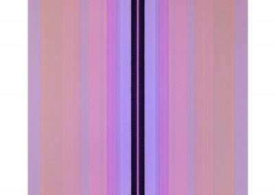 Abstract acrylic painting on canvas featuring vertical stripes in shades of purple and pink, titled "untitled (f15), 2014," measuring 36 x 36 inches.