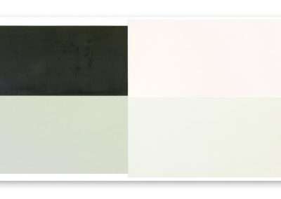 A minimalist abstract painting featuring four large rectangular blocks of different colors, including black, pink, light green, and off-white, aligned horizontally.
