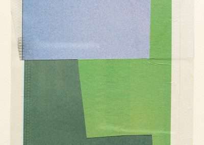 Abstract collage composed of overlapped rectangular paper pieces in shades of blue, green, and gray, with partial text headers visible, on a cream background.