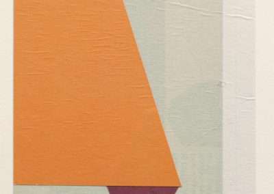 Abstract art featuring geometric shapes, with a large orange rectangle, a lilac triangle, and a small purple triangle on a textured grey background. signed "s.c." in the bottom right corner.