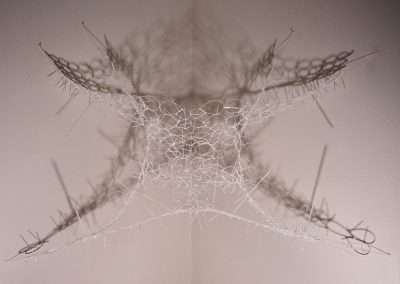 A symmetrical, abstract design resembling a cross-section of a spider web, featuring intricate thread patterns with a slightly metallic sheen, centered on a soft beige background.