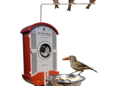 Three sparrows perched on a metal bar above a vintage red gumball machine, with one sparrow at the base eating from a bowl of seeds. white background.