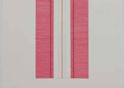 Abstract artwork featuring vertical stripes in shades of pink and white on a plain background.
