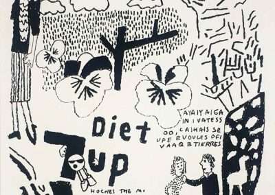 Black and white artwork featuring a large jar with a "Diet Up" label, surrounded by various abstract patterns and small human figures interacting with the jar and its elements.