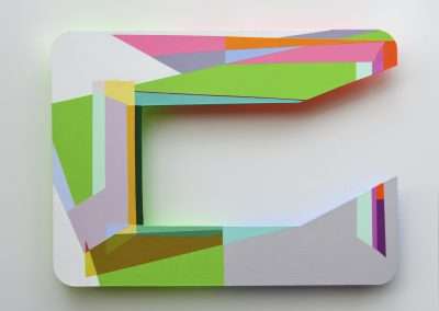 Abstract painting of a three-dimensional geometric frame with sharp edges, composed of brightly colored, angular sections in green, pink, blue, yellow, and white.
