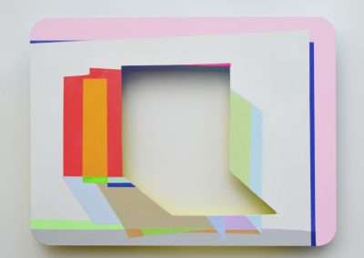 A modern, abstract artwork featuring geometric shapes with layered rectangular panels in bold colors like red, yellow, pink, blue, and green on a white background, creating a three-dimensional effect.