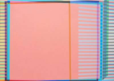Abstract artwork featuring a central pink rectangle bordered by multicolored lines in a geometric pattern creating an illusion of depth.