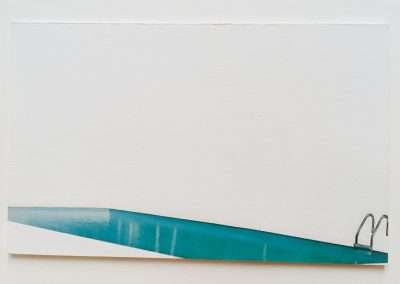 A minimalist painting depicting a sleek, blue curved line above a horizontal green band on a plain white canvas. The curve appears to be in mid-air, adding a sense of lightness and movement.