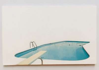 A minimalist painting featuring a stylized blue swimming pool with a diving board and ladder, set against a plain white background.
