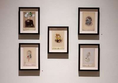 Six framed illustrations featuring botanical artworks are displayed on a white wall, each signed at the bottom and marked with a small red dot beside them.