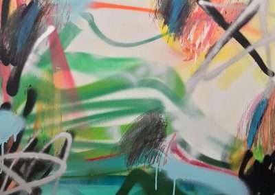 Abstract colorful artwork featuring dynamic spray paint strokes in black, white, and vibrant hues of blue, green, orange, and red, on a soft pastel background.