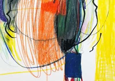 Abstract artwork with vibrant, scribbled lines in black, orange, and yellow on a white background, featuring a prominent green and red vertical form, suggestive of a loose, flowing composition.