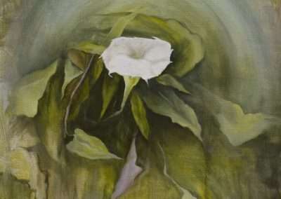 Oil painting of a single white flower amidst swirling green and taupe foliage, using a soft, impressionistic style with rich texture and circular brush strokes.