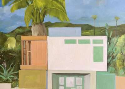A vivid painting of a modern, geometric building with multiple colors under a blue sky, flanked by a lush green palm tree and distant hills.