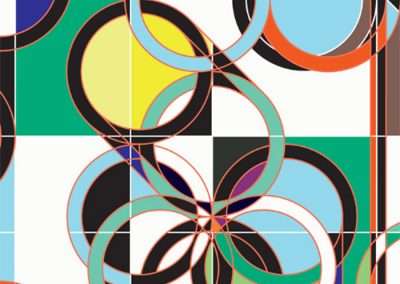 Abstract geometric artwork featuring a grid of colorful, overlapping circles and squares in various shades, including green, blue, yellow, and black.