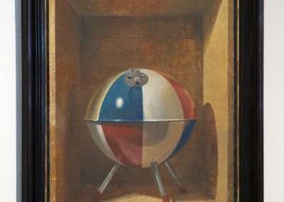 A painting of a spherical object with a tricolor design in blue, white, and red, resembling a beach ball, set on a metallic tripod stand. The artwork is framed in a dark, ornate frame and displayed on a white wall.