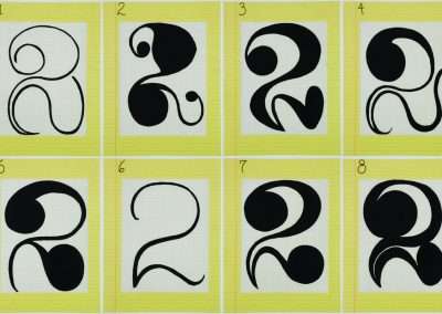 A grid of eight abstract black and white designs on yellow backgrounds, numbered from 1 to 8, each featuring unique curvy and looped shapes.