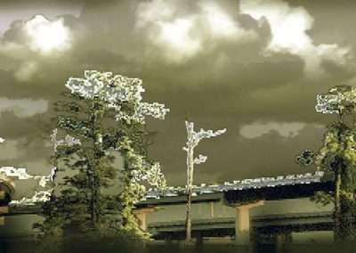 Digital artwork depicting a pixelated scene with trees and an elevated highway in a moody, hazy setting, evoking a video game aesthetic.