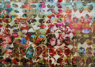 Abstract painting featuring a dense, overlapping array of colorful, distorted circular shapes resembling reflections in bubbles or lenses. Colorful and vibrant with a chaotic pattern.