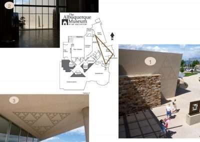 Collage of images featuring architectural elements of the Albuquerque Museum, including exterior views, decorative motifs on building overhangs, and a floor plan map.