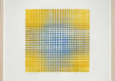 A framed artwork featuring a grid of small, square cells that transition from yellow on the top to blue in the center, creating an optical blend effect. Signed and numbered by the artist at the bottom.