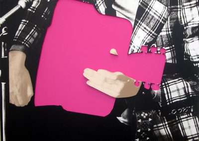A collage inspired by John Baldessari, featuring a person in a plaid shirt holding a large pink puzzle piece, with the background and other details obscured by the puzzle piece.