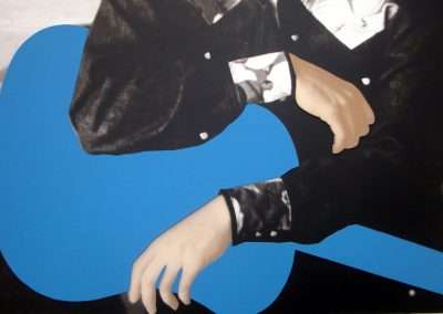 A contemporary artwork featuring two figures with obscured faces in black and white, highlighted by a bold blue abstract shape that intersects their bodies.