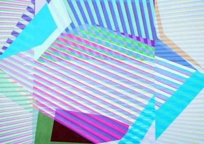 Abstract geometric art featuring overlapping stripes in various shades of blue, purple, pink, and green, creating a dynamic and colorful pattern.