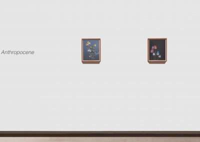 Three framed paintings titled "Flowers for the Anthropocene" are evenly spaced on a white gallery wall, each featuring a different floral arrangement on a dark background.