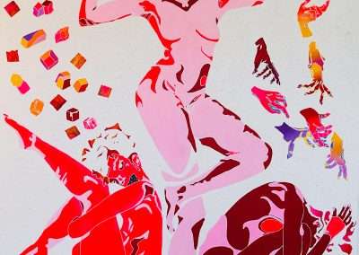 Vibrant mural featuring abstract, dynamic figures in pink and red, with scattered geometric shapes and smaller figures around them, on a white background.