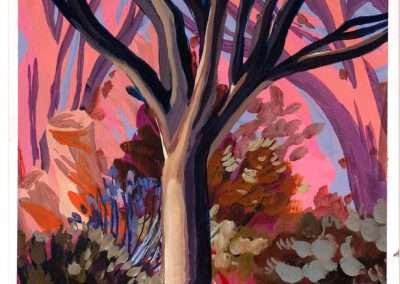 Vibrant painting of a twisted tree at sunset with pink and orange sky, surrounded by lush, colorful foliage and a small puddle reflecting the light beneath the tree, capturing one of my favorite things.