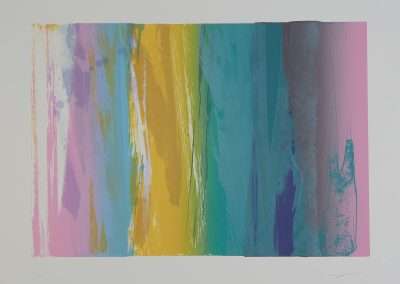 Abstract artwork featuring vertical brush strokes in bright colors like pink, yellow, blue, and green on a white background. Each stroke has varying textures and shades, capturing the artist’s favorite things.