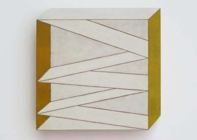 A geometric abstract art piece on a rectangular canvas, featuring white diagonal lines on a muted background with a gold-toned border, perfect as a holiday gift.