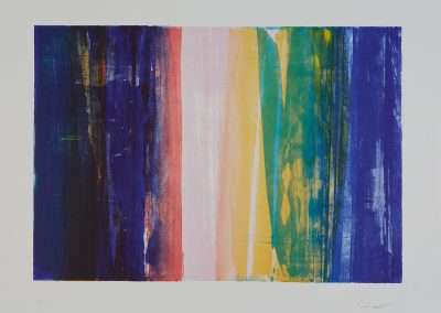 Abstract painting featuring vertical stripes in shades of blue, purple, yellow, and pink against a white background, displayed in a favorite minimalistic style.